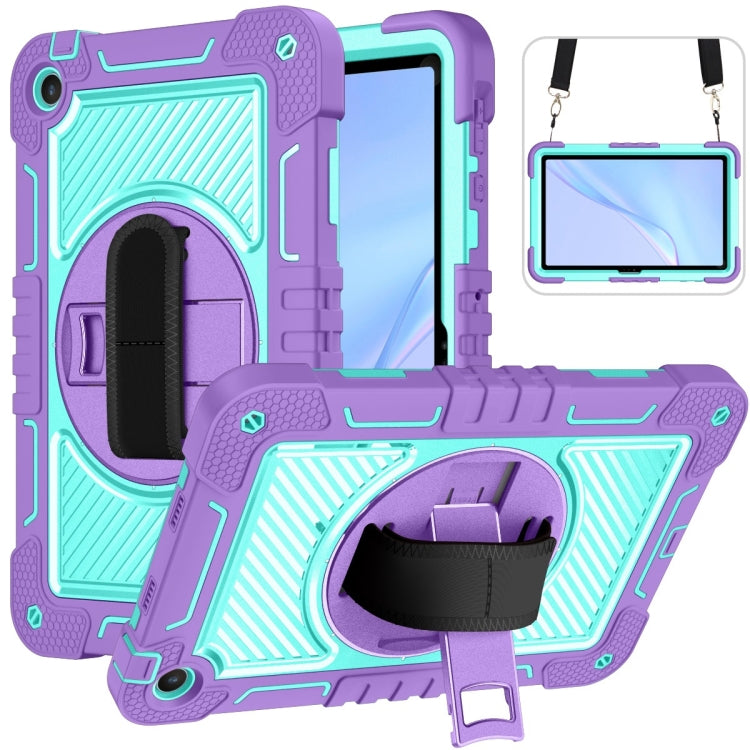 Lavender and teal rugged silicone tablet case with camera cutout and foldable kickstand