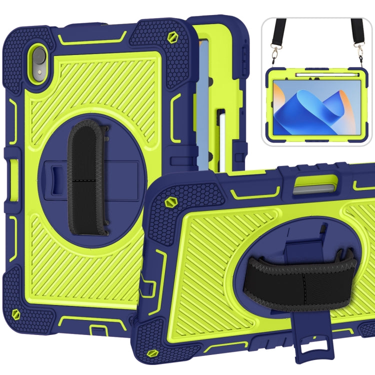 Protective tablet case with rotating stand, navy and lime green silicone