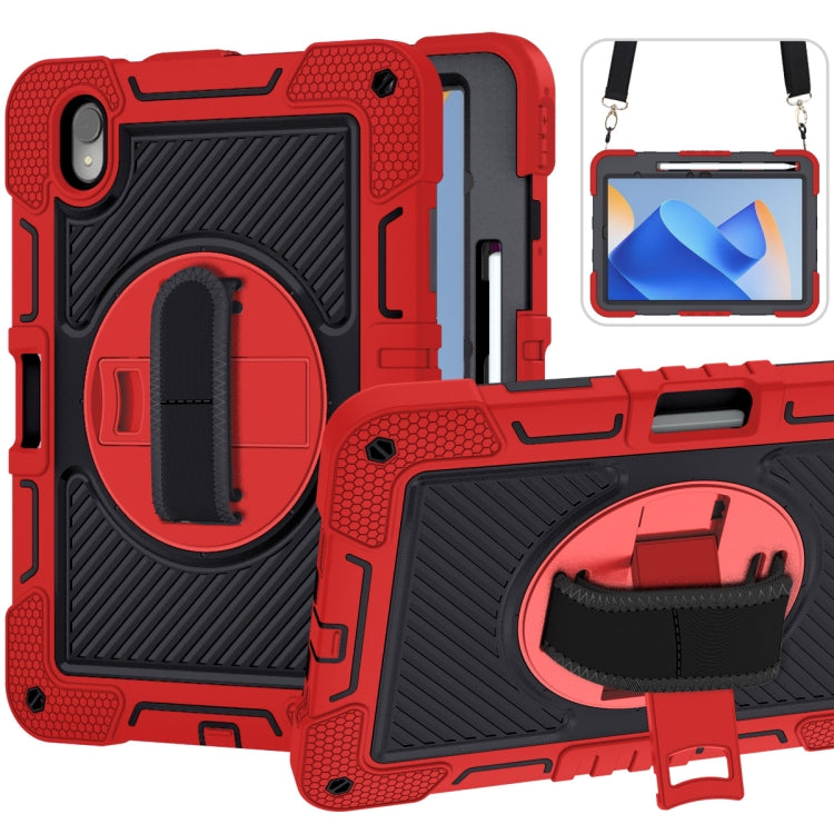 Protective tablet case with rotating stand, red silicone with black accents