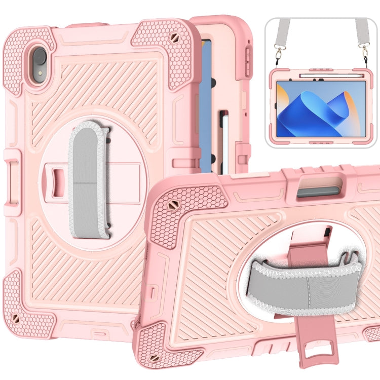Pink and light pink rugged silicone tablet case with camera cutout and kickstand