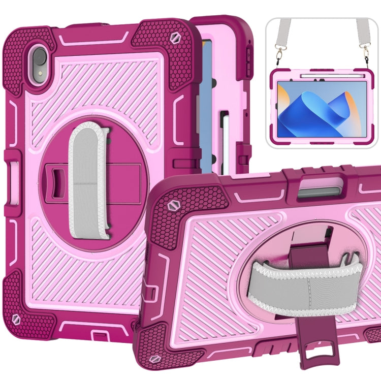 Purple and pink rugged silicone tablet case with camera cutout and foldable kickstand