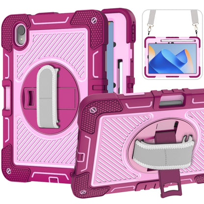 Purple and pink rugged silicone tablet case with camera cutout and foldable kickstand