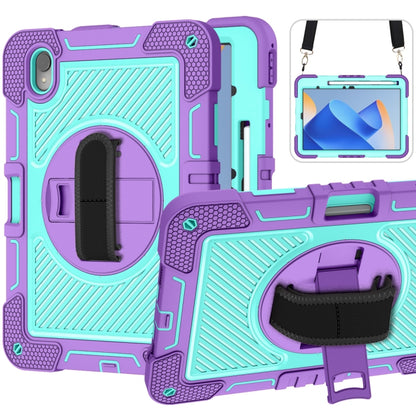 Teal and purple rugged silicone tablet case with camera cutout and foldable kickstand