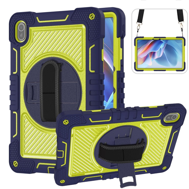 Navy blue and yellow green silicone tablet case with circular hand strap and kickstand