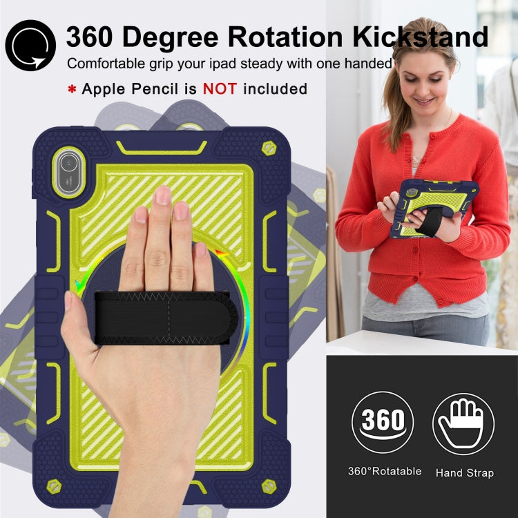 Navy blue and yellow green tablet case with rotating kickstand and hand strap