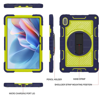 Navy blue and yellow green tablet case with pencil holder, hand strap, and shoulder strap