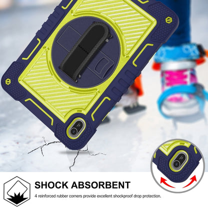 Navy blue and yellow green tablet case with shock-absorbing corners and hand strap