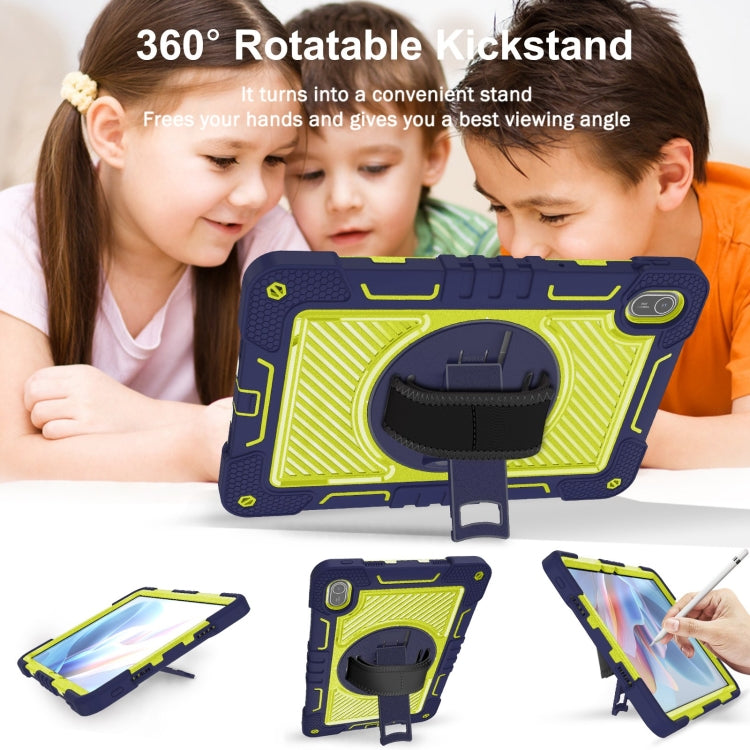 Navy blue and yellow green tablet case with rotating kickstand and hand strap