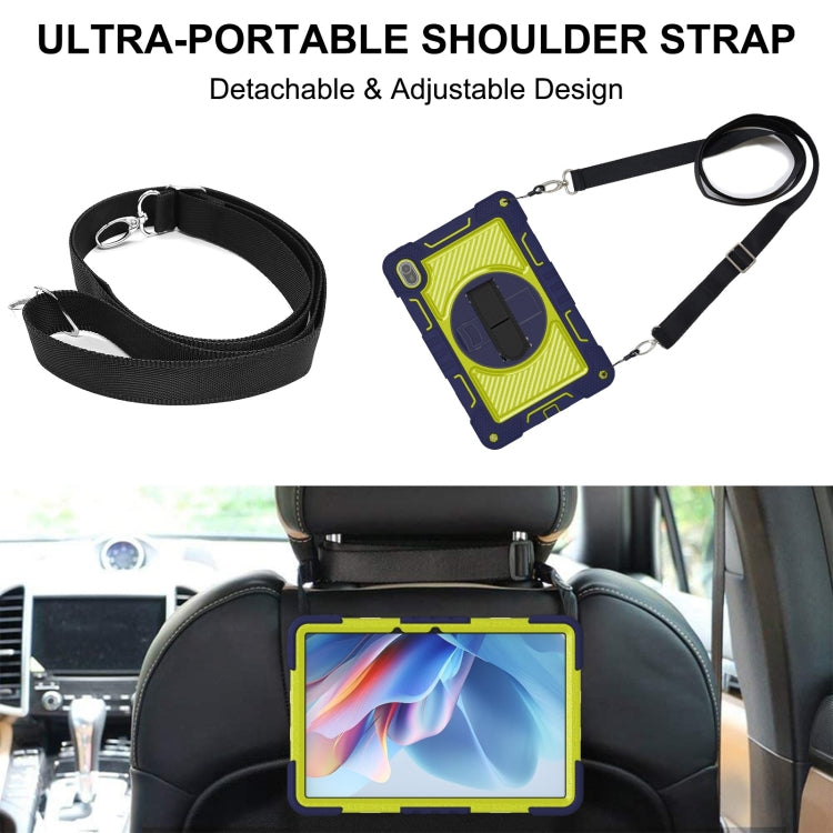 Navy blue and yellow green tablet case with detachable adjustable shoulder strap