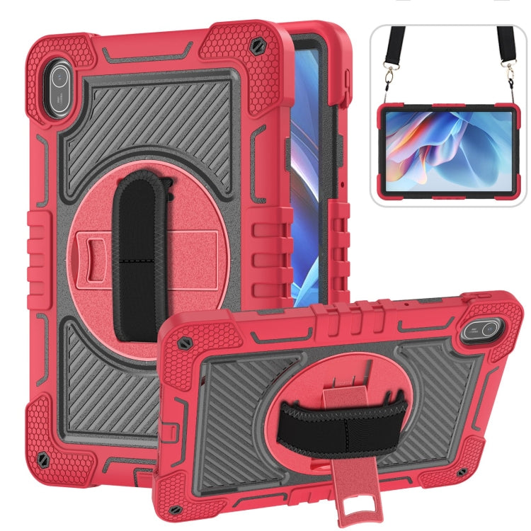Red and black silicone tablet case with circular hand strap and kickstand