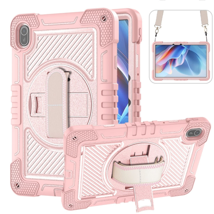 Rose gold silicone tablet case with kickstand and circular hand strap