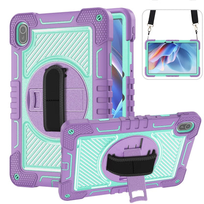 Protective tablet case with rotating stand, purple silicone with mint green accents