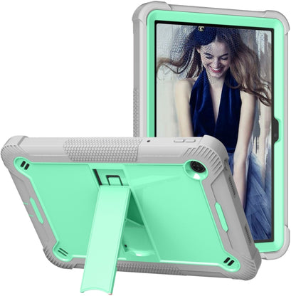 Mint green shockproof tablet case with kickstand and pencil holder, gray edges