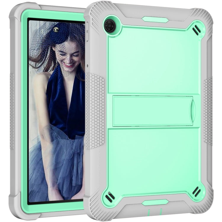 Mint green and gray tablet case with rear camera cutout and built-in kickstand