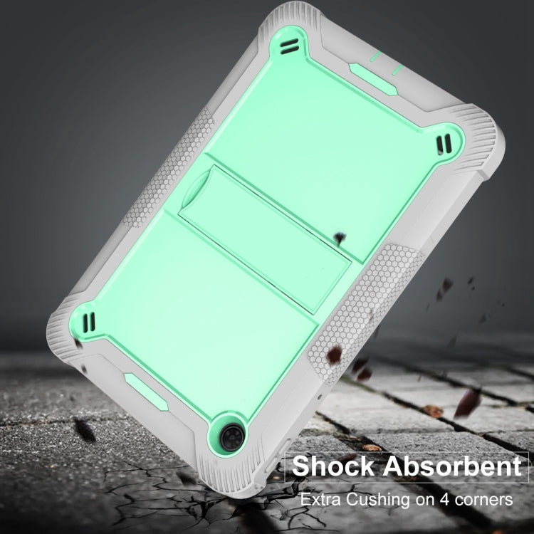 Mint green and gray shockproof tablet case with shock-absorbing corners and kickstand