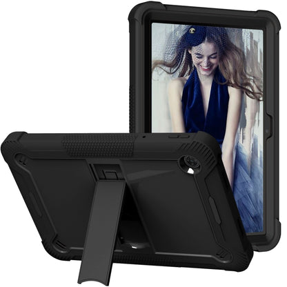 Black shockproof tablet case with kickstand and textured grip, rugged protective corners