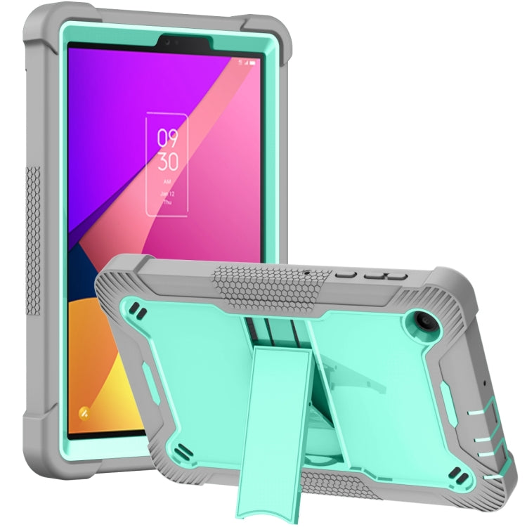 Mint green and gray tablet case with kickstand and camera cutout
