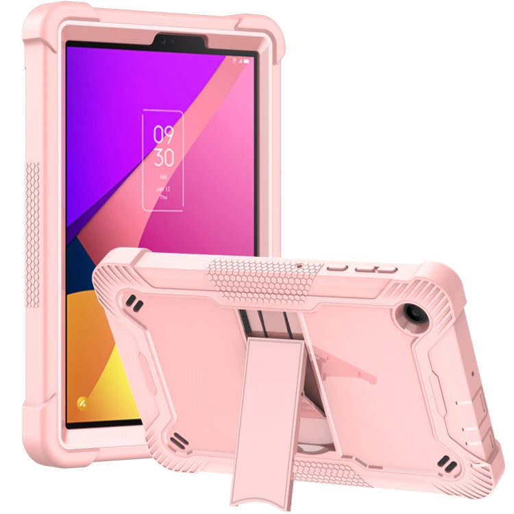 Pink shockproof tablet case with adjustable stand, front camera cutout, textured bumper