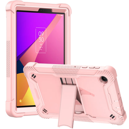 Pink shockproof tablet case with adjustable stand, front camera cutout, textured bumper