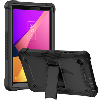 Black shockproof tablet case with stand, textured bumper, and port cutouts for tablet