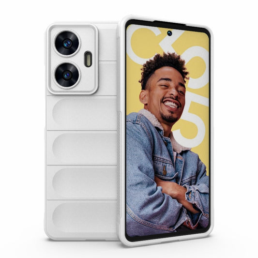 White phone case with black bezel front, two-camera cutouts, and raised side grips