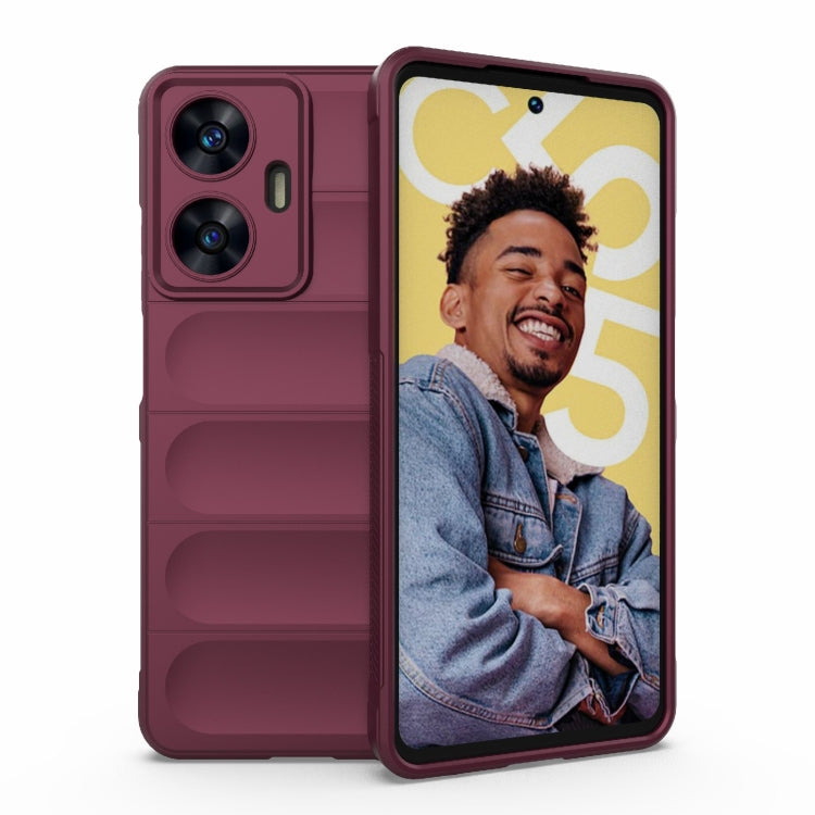 Wine red phone case with black bezel front, two-camera cutouts, and raised side grips