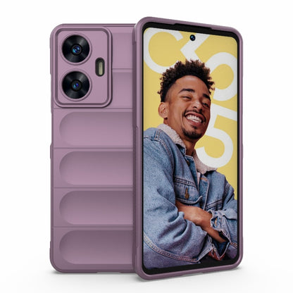 Purple phone case with black bezel front, two-camera cutouts, and raised side grips