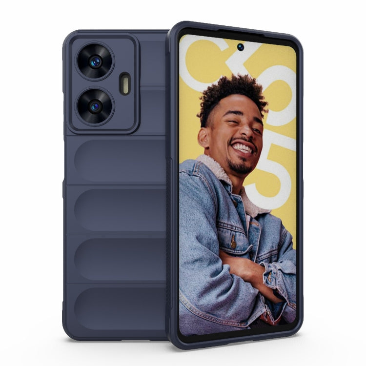Dark blue phone case with black bezel front, two-camera cutouts, and raised side grips