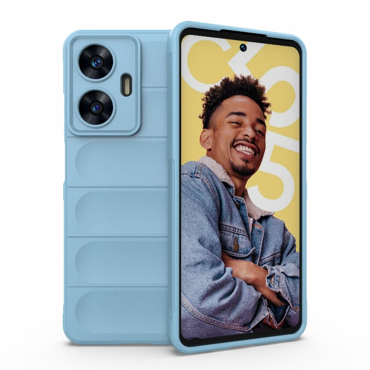Light blue phone case with black bezel front, two-camera cutouts, and raised side grips