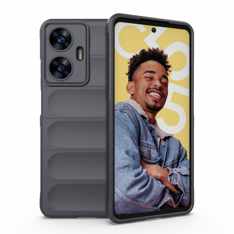 Dark grey phone case with black bezel front, two-camera cutouts, and raised side grips