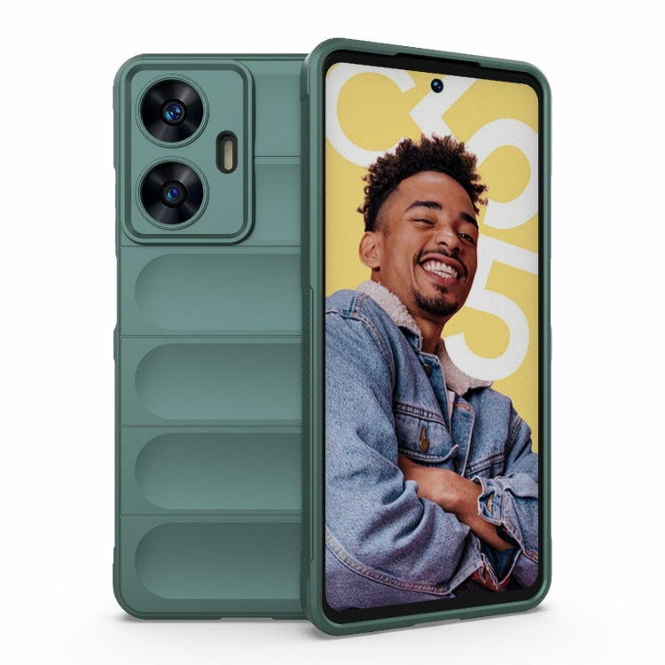 Dark green phone case with black bezel front, two-camera cutouts, and raised side grips