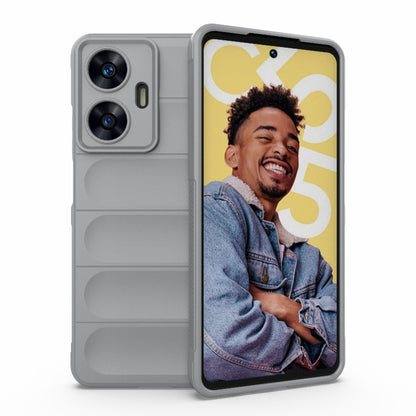 Grey phone case with black bezel front, two-camera cutouts, and raised side grips