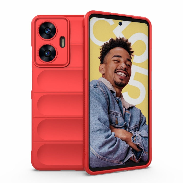 Red phone case with black bezel front, two-camera cutouts, and raised side grips