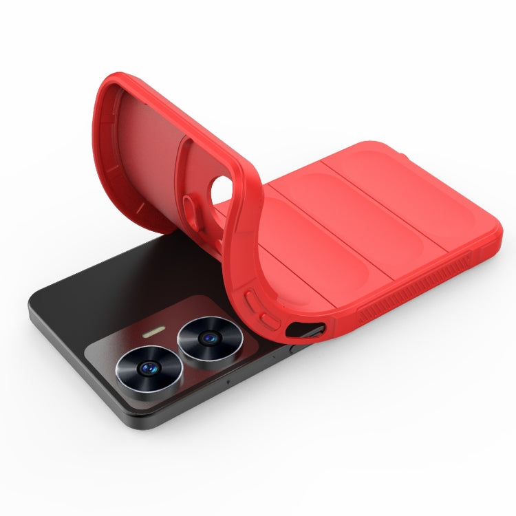 Red protective TPU phone case with stand-like open back and camera cutouts