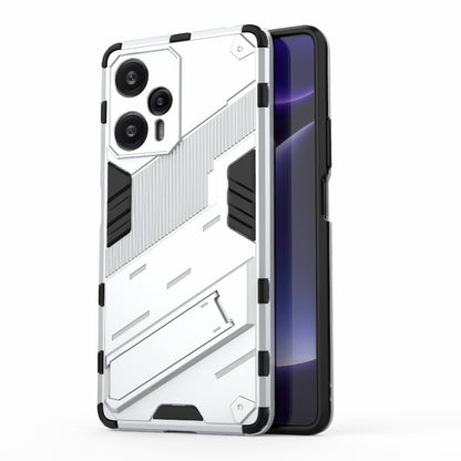 Armored phone case with white hard shell and black grip panels, side profile visible