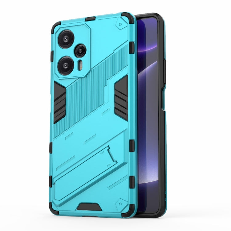 Two-piece rugged phone case in light blue with armor pattern and camera cutouts