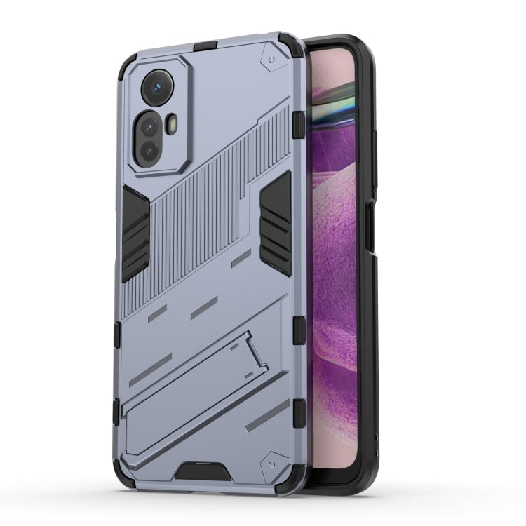 Punk armor phone case with rugged ribbed design and raised edges, light gray/black