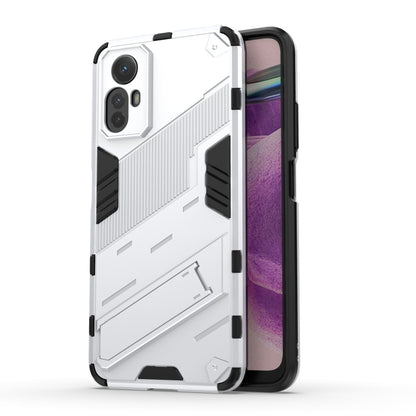 Armored phone case with white hard shell and black grip panels, camera cutouts visible