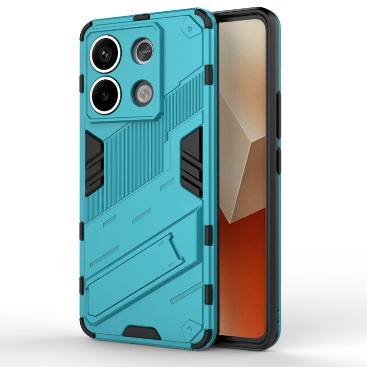 Turquoise rugged phone case with armor ridges, raised camera cutouts, and shock edges.