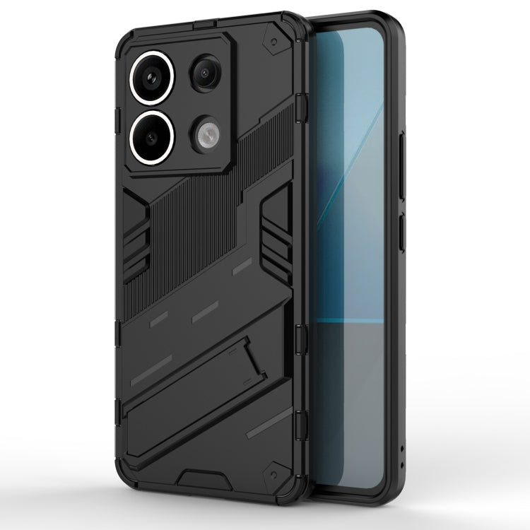 Black rugged phone case with textured armor design, raised camera cutouts, and bumper corners.