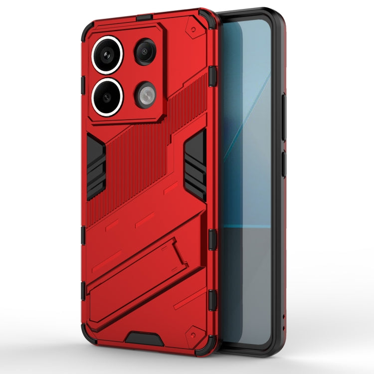 Red rugged phone case with blocky armor ridges, raised camera openings, and protective corners.