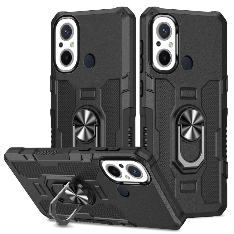 Black armor-style hybrid phone case with built-in ring holder and raised camera protection