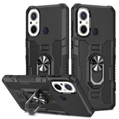 Black armor-style hybrid phone case with built-in ring holder and raised camera protection