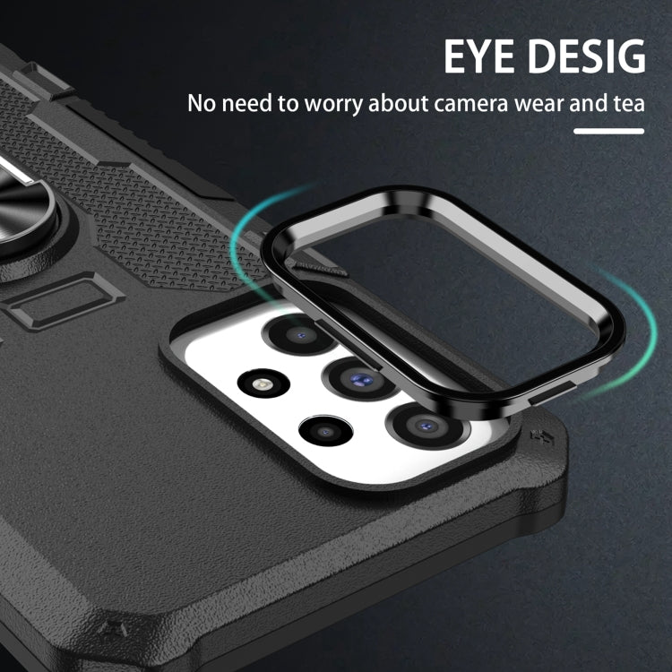 Black armor hybrid phone case with ring holder and raised screen camera lip