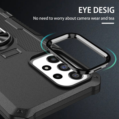 Black armor hybrid phone case with ring holder and raised screen camera lip