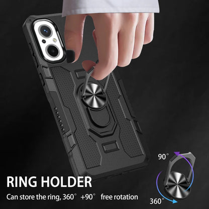Black rugged phone case with ring holder for grip and 360-degree rotation