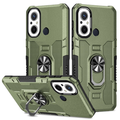 Green rugged armor hybrid phone case with ring holder and reinforced camera area