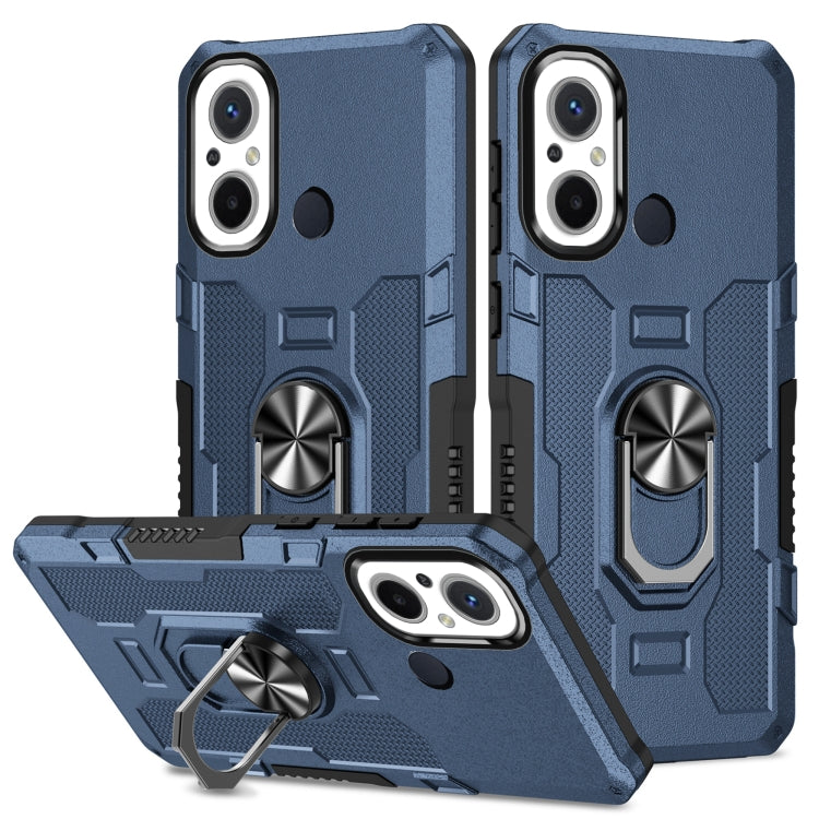 Blue armor-style hybrid phone case with ring holder and textured shockproof design