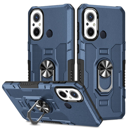 Blue armor-style hybrid phone case with ring holder and textured shockproof design