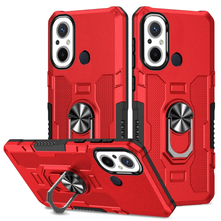 Red armor hybrid phone case with built-in ring holder and raised camera bezel